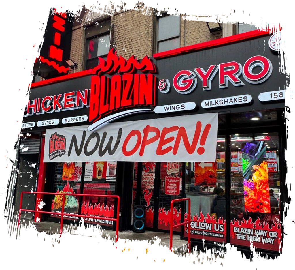 Exterior of Blazin Chicken and Gyro on Dyckman Street with a Now Open banner, red storefront signage, and front entrance.