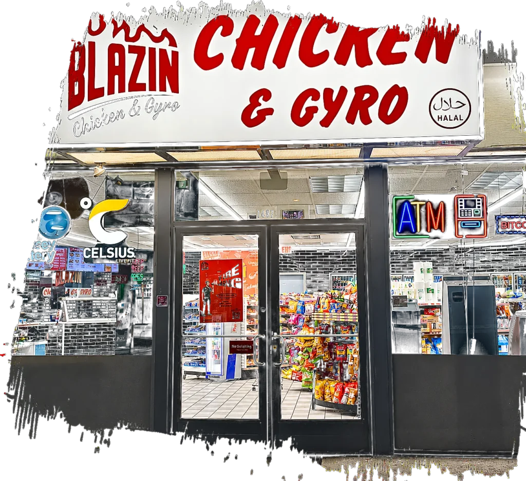 Exterior of Blazin Chicken and Gyro in Ewing featuring the restaurant sign, glass entrance, halal logo, and illuminated storefront.