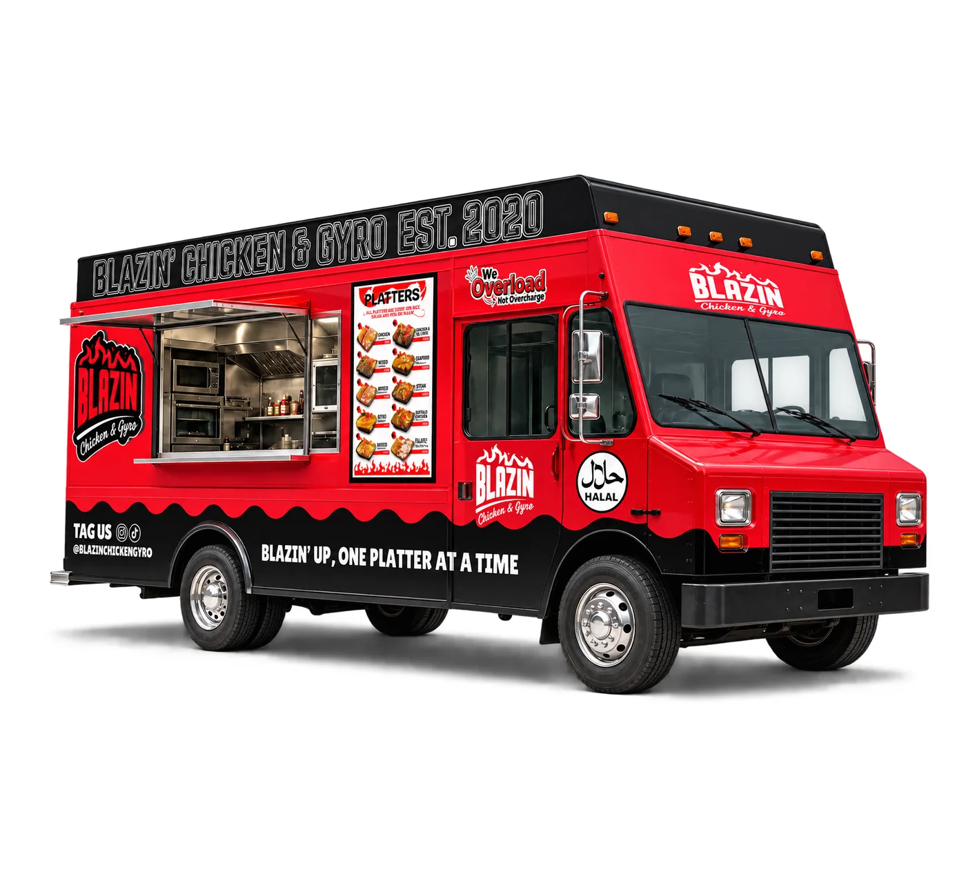 Blazin Chicken & Gyro red halal food truck with platters menu, the best halal restaurant coming soon to Macungie PA